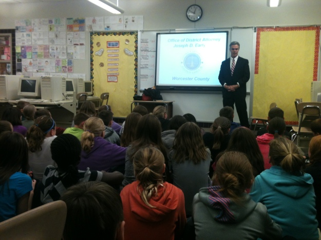 District Attorney Early speaks with the 5th Grade Class at Mayo Elementary School in Holden. 